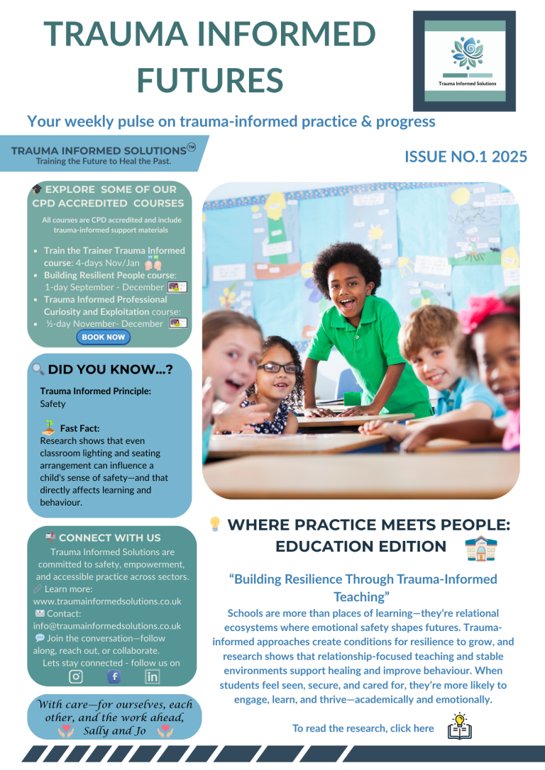 A newsletter promoting trauma-informed practice programs, featuring text and graphics on education.